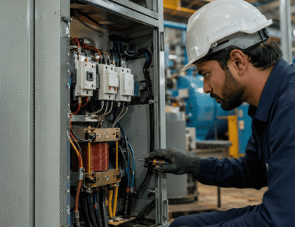 Why Does a Servo Stabilizer Keep Tripping? 10 Causes & Solutions 2 Technician troubleshooting a servo stabilizer tripping problem in an industrial electrical room.