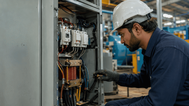 Technician troubleshooting a servo stabilizer tripping problem in an industrial electrical room.