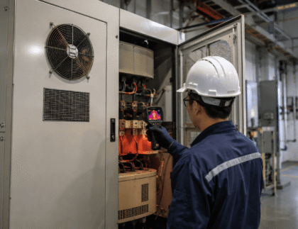 Servo Stabilizer Overheating: Causes, Warning Signs & What to Check 1 Technician using a thermal camera to inspect an overheating industrial servo stabilizer.