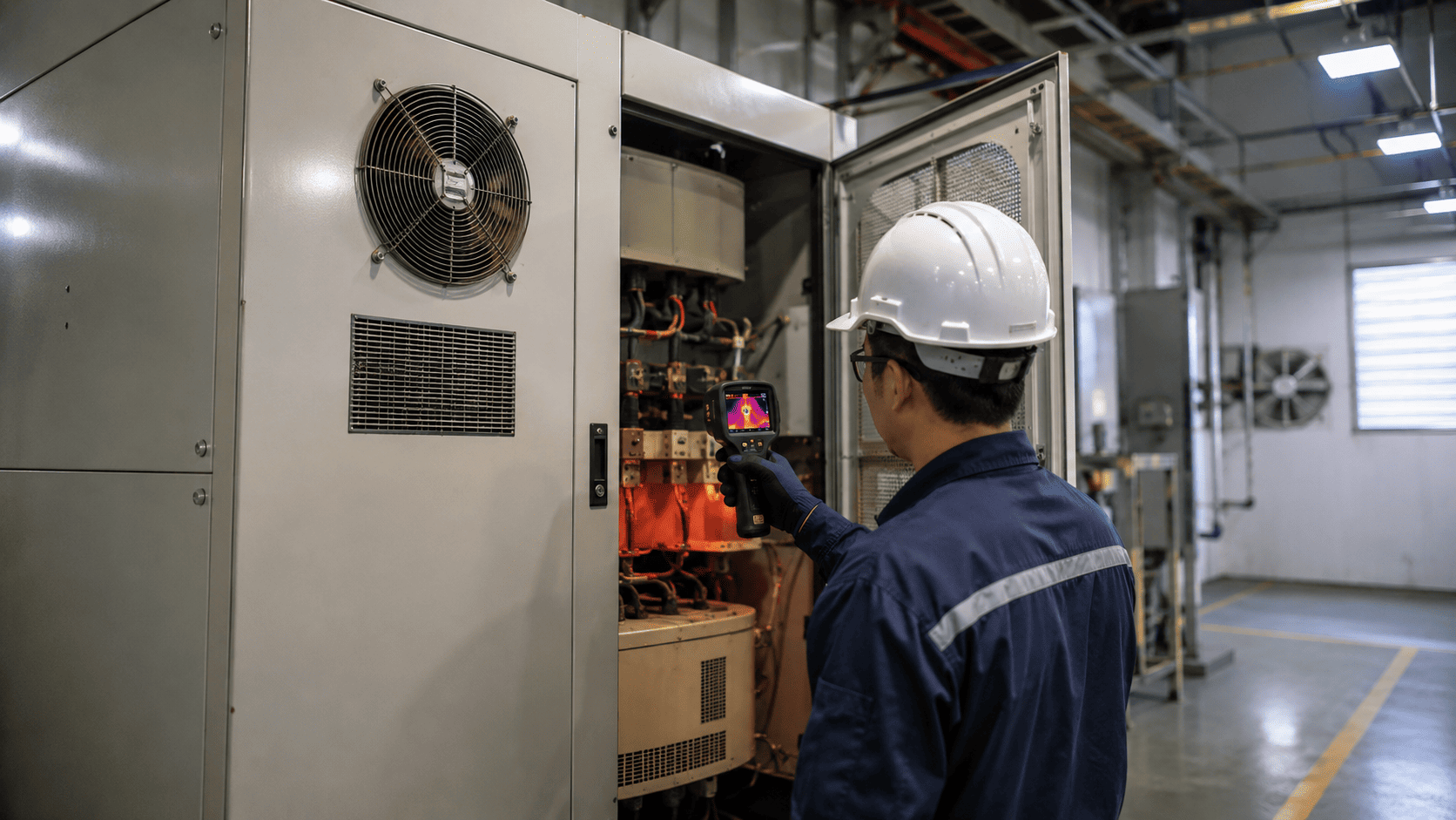 Servo Stabilizer Overheating: Causes, Warning Signs & What to Check 1 Technician using a thermal camera to inspect an overheating industrial servo stabilizer.