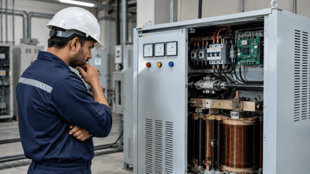 Servo Stabilizer Not Giving Output? Common Causes & Troubleshooting Guide 2 Technician inspecting an industrial servo voltage stabilizer for an output problem and electrical fault.