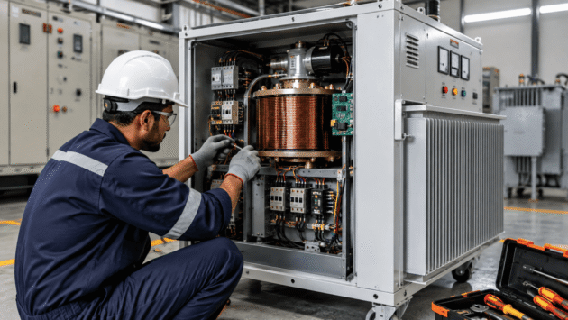 Servo Voltage Stabilizer Maintenance Checklist: Monthly, Quarterly & Annual Checklist 1 Technician performing preventive maintenance on an industrial servo voltage stabilizer.