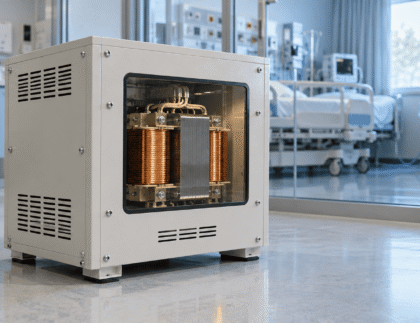The Role of Isolation Transformers in Medical Equipment Safety and Compliance 1 Isolation transformer with copper windings visible through an enclosure window, with a hospital bed and medical monitors in the background.
