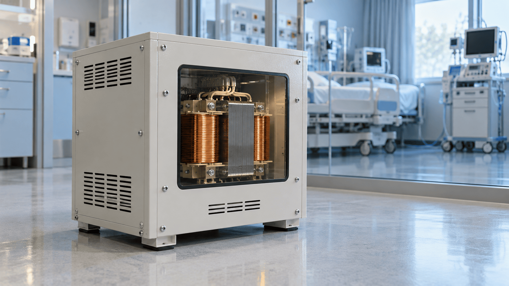 The Role of Isolation Transformers in Medical Equipment Safety and Compliance 1 Isolation transformer with copper windings visible through an enclosure window, with a hospital bed and medical monitors in the background.