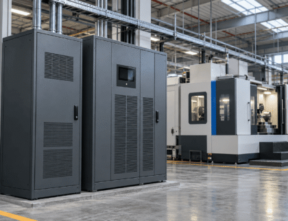Grey industrial UPS cabinets beside CNC machines in a modern manufacturing plant.