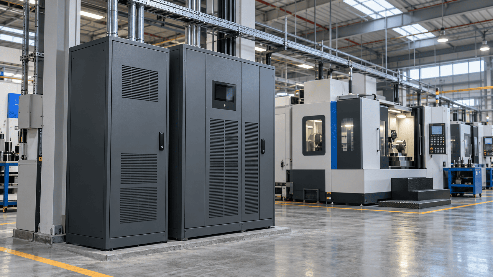 Online vs. Offline UPS: Why Manufacturing Plants Require Double Conversion 1 Grey industrial UPS cabinets beside CNC machines in a modern manufacturing plant.